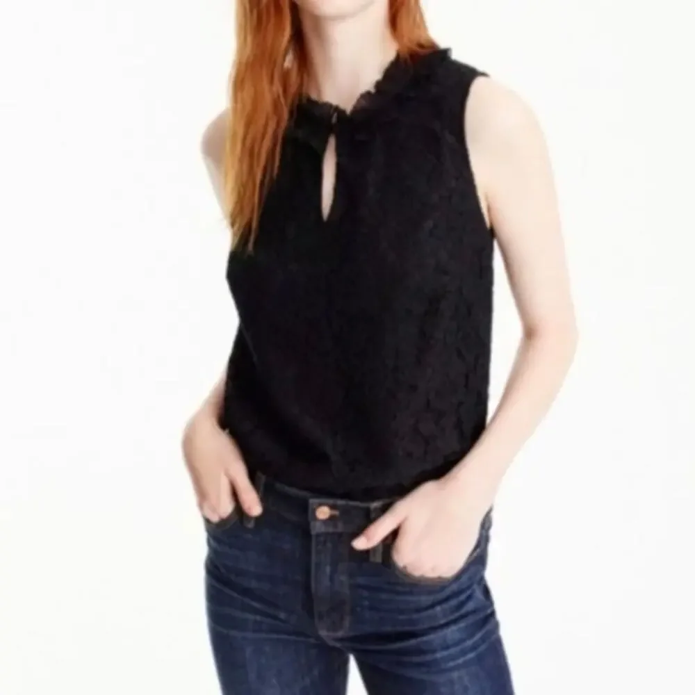 J Crew Black Lace Floral Ruffle Neck Blouse Sleeveless Top Lined Goth Medium